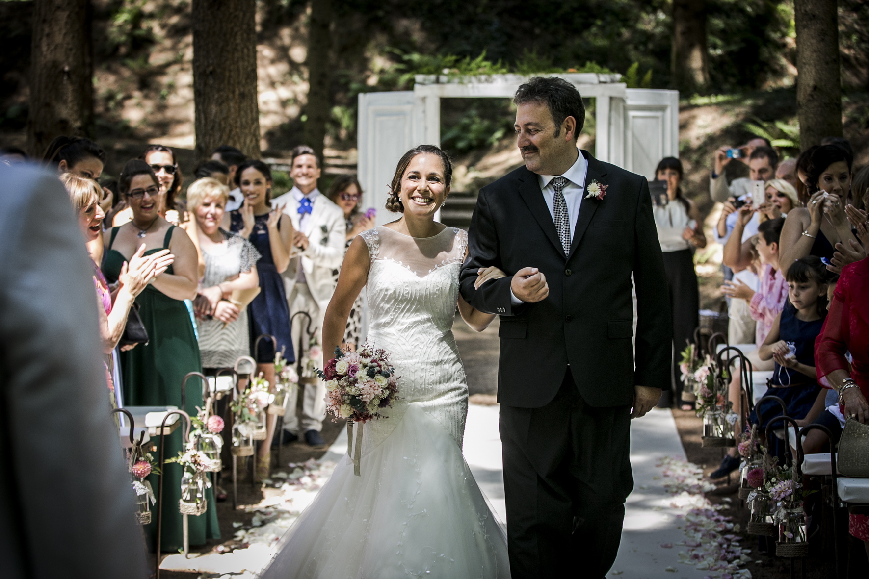 romantic portrait of bride and groom at their mas del silenci wedding