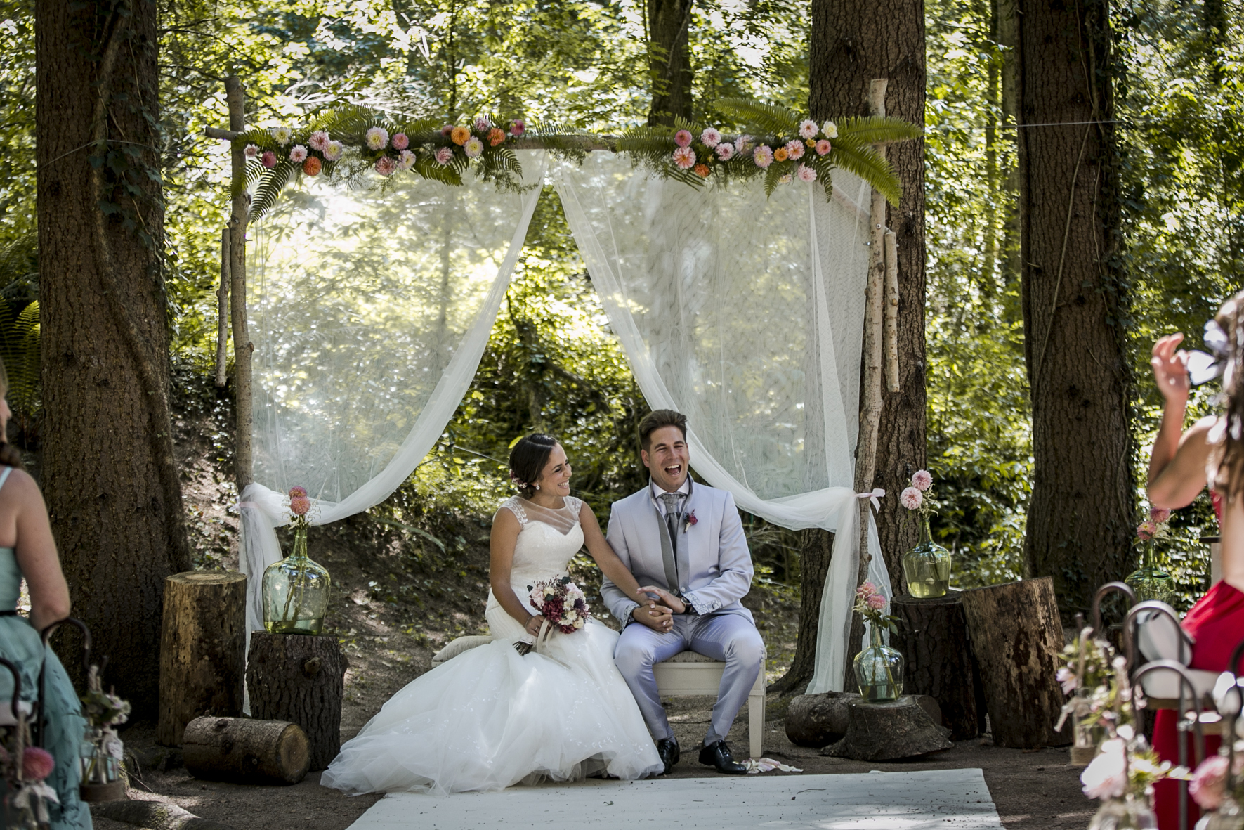 romantic portrait of bride and groom at their mas del silenci wedding