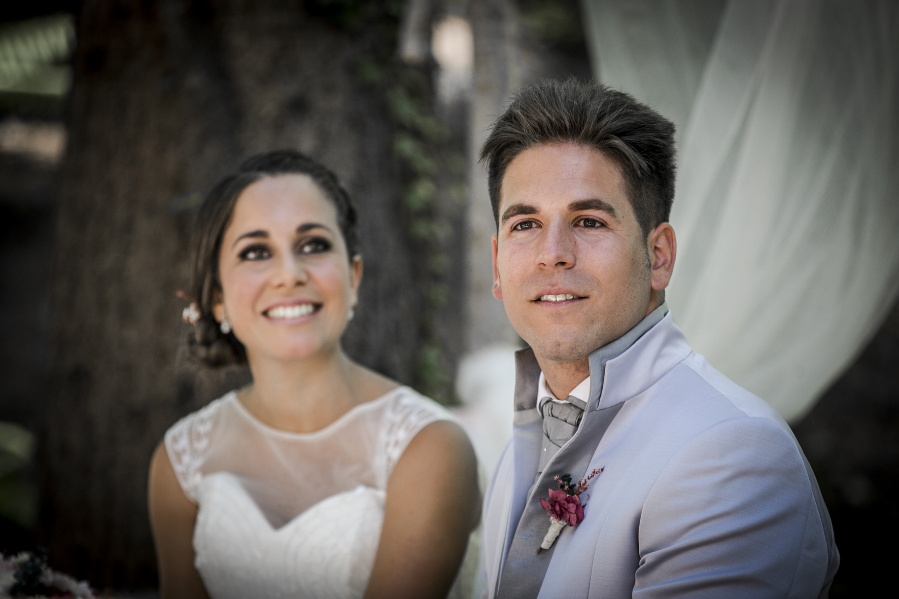 romantic portrait of bride and groom at their mas del silenci wedding