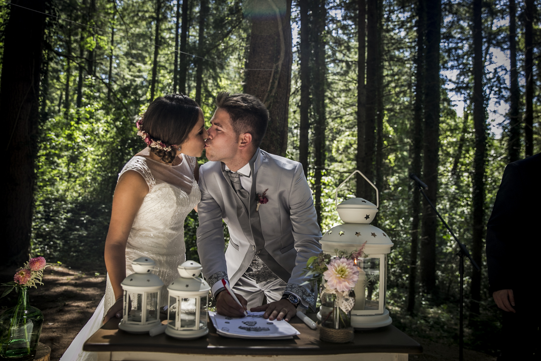 romantic portrait of bride and groom at their mas del silenci wedding