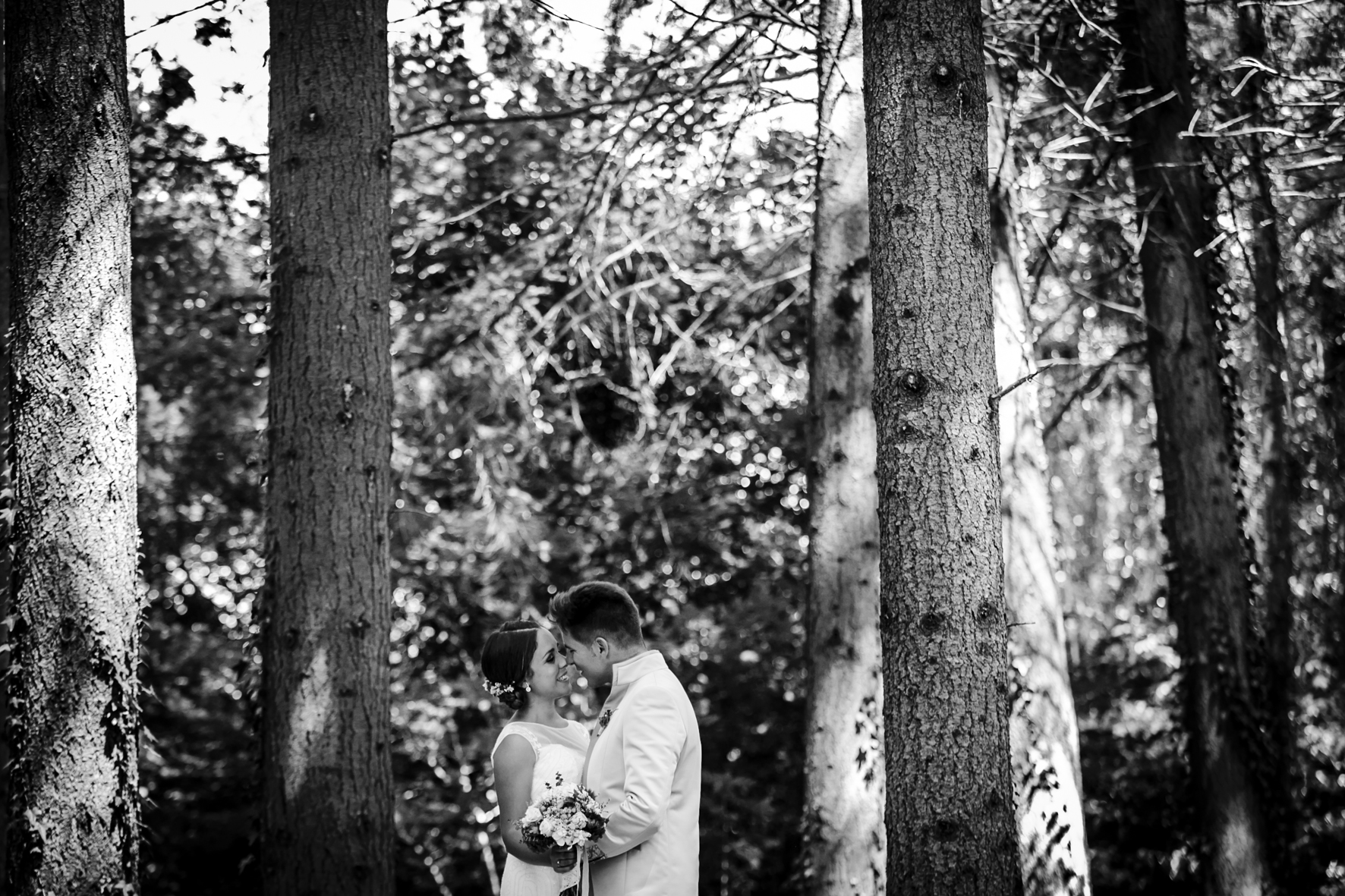 romantic portrait of bride and groom at their mas del silenci wedding