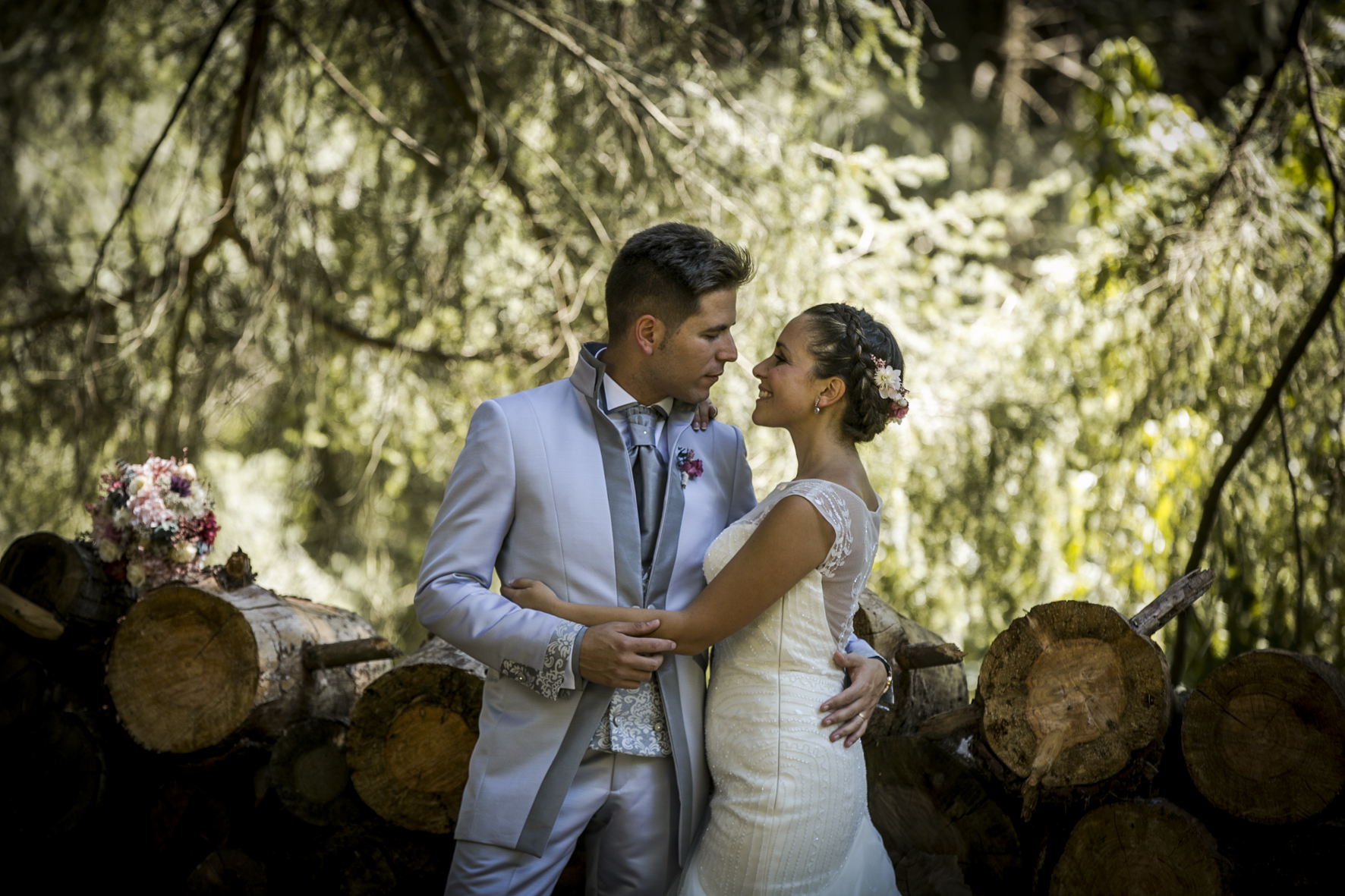 romantic portrait of bride and groom at their mas del silenci wedding